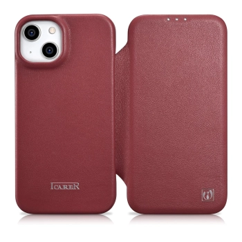 iCarer CE Premium Leather Folio Case skórzane etui iPhone 14 Plus z klapką magnetyczne MagSafe czerwony (WMI14220715-RD)