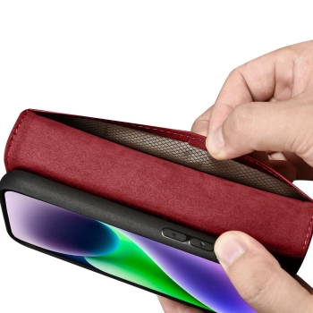 iCarer Wallet Case 2in1 etui iPhone 14 Plus skórzany pokrowiec z klapką Anti-RFID czerwony (WMI14220727-RD)
